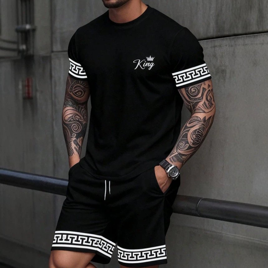 Simple Casual Two-piece Set Featuring A Solid-color Printed T-shirt And Shorts