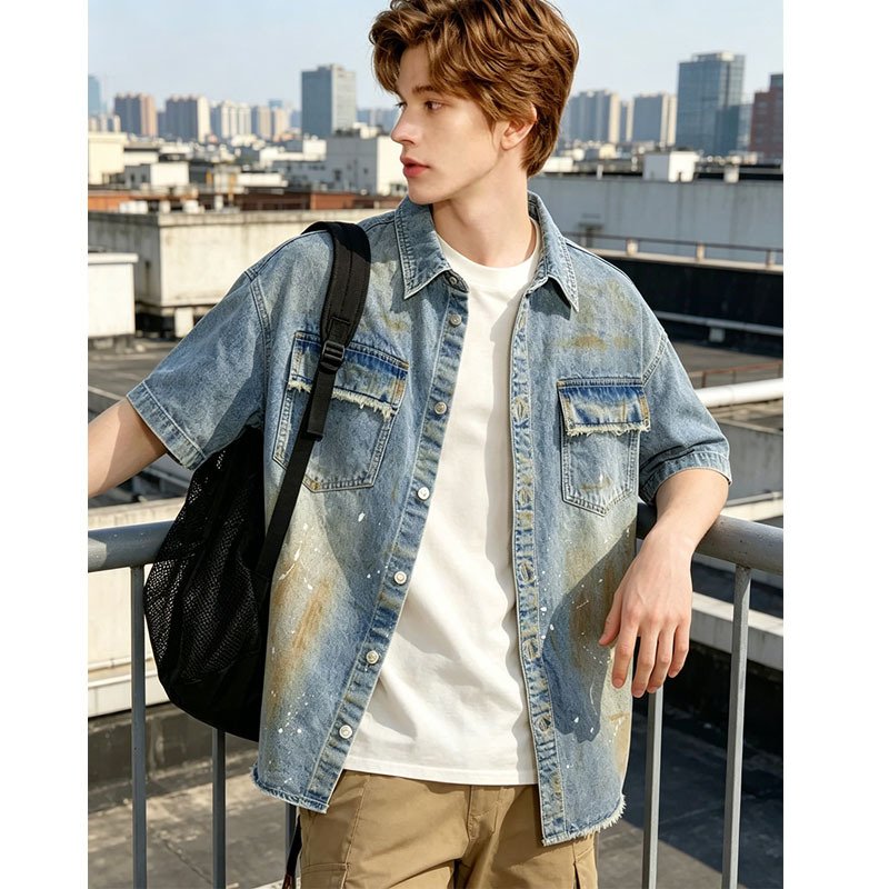Oversized Denim Shirt Men Vintage Distressed Short Sleeve Streetwear Jean Top Ready To Ship From US
