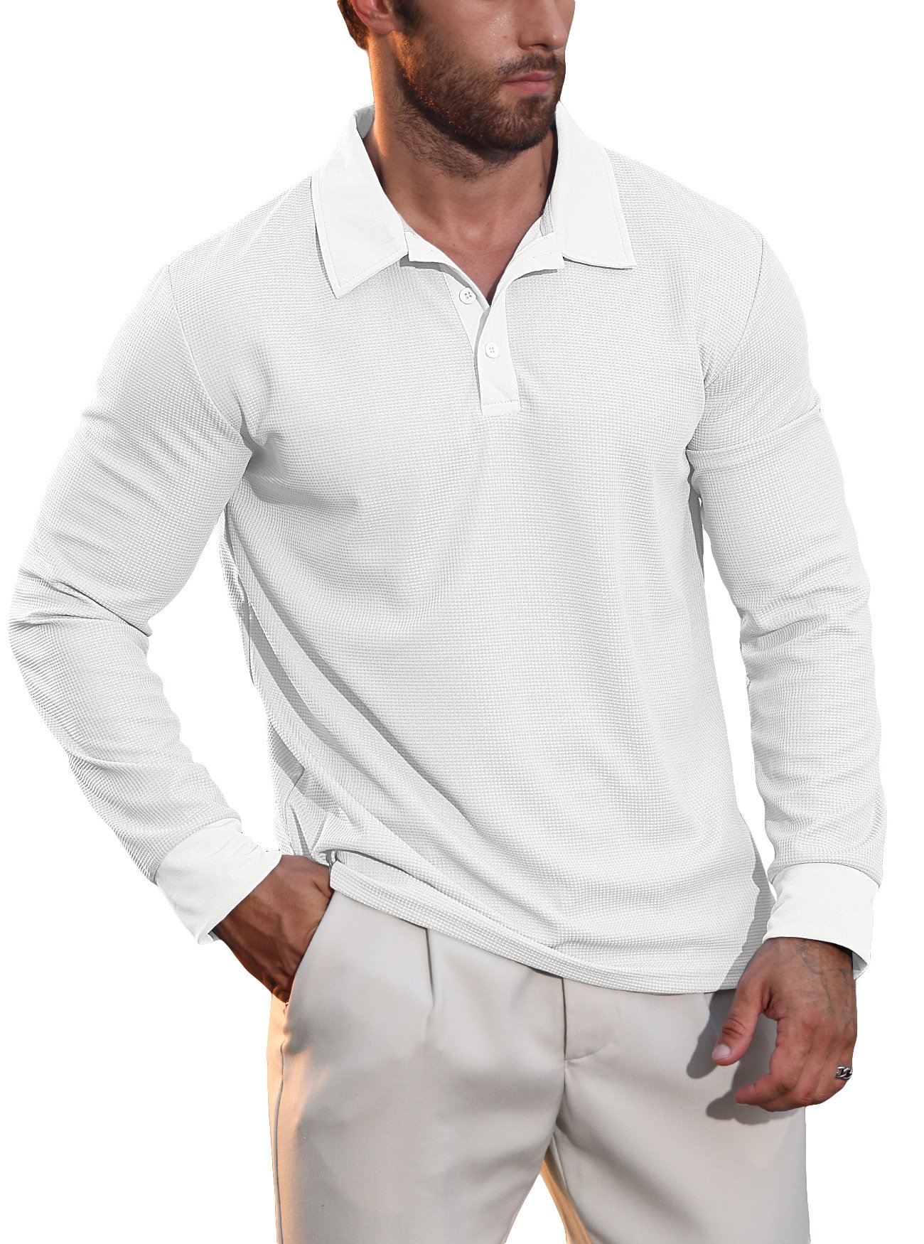 New Cross-Border European And American Autumn New Men's Waffle Collar Polo Shirt American Casual Vacation Long-Sleeved T-Shirt