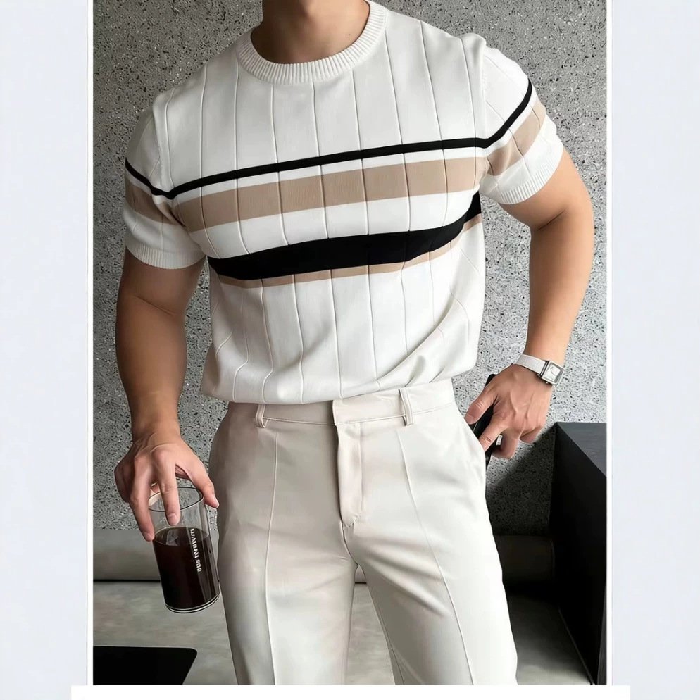 Color-Block Striped Mens Knitted Short-Sleeve Casual Top