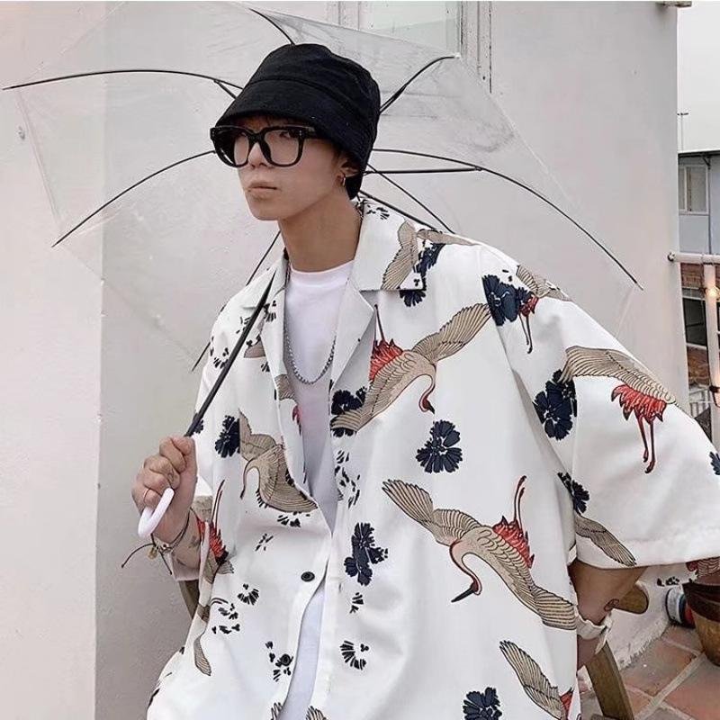 Men's Short-sleeve Shirt Summer Chinese-style Trendy Crane-printed Oversized Beach Shirt For Couples