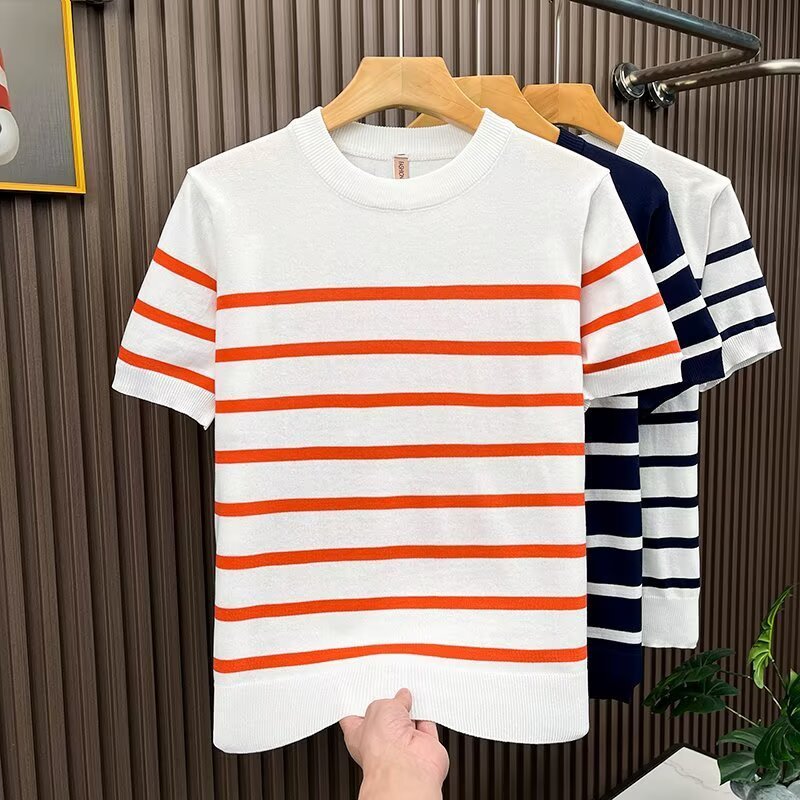 Lightly Mature-Style Crew-Neck Patchwork Striped Short-Sleeve T-Shirt For Men