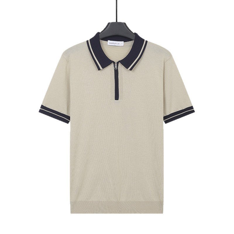 Mens Contrasting-Color Zip-Neck Knitted Short-Sleeve T-Shirt