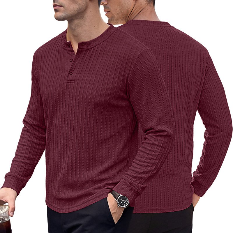 Amazon Cross-border European And American Heavyweight Men's Henry Shirt, Vintage Stretch Textured Casual Loose Plus-size Long-sleeve Sweatshirt