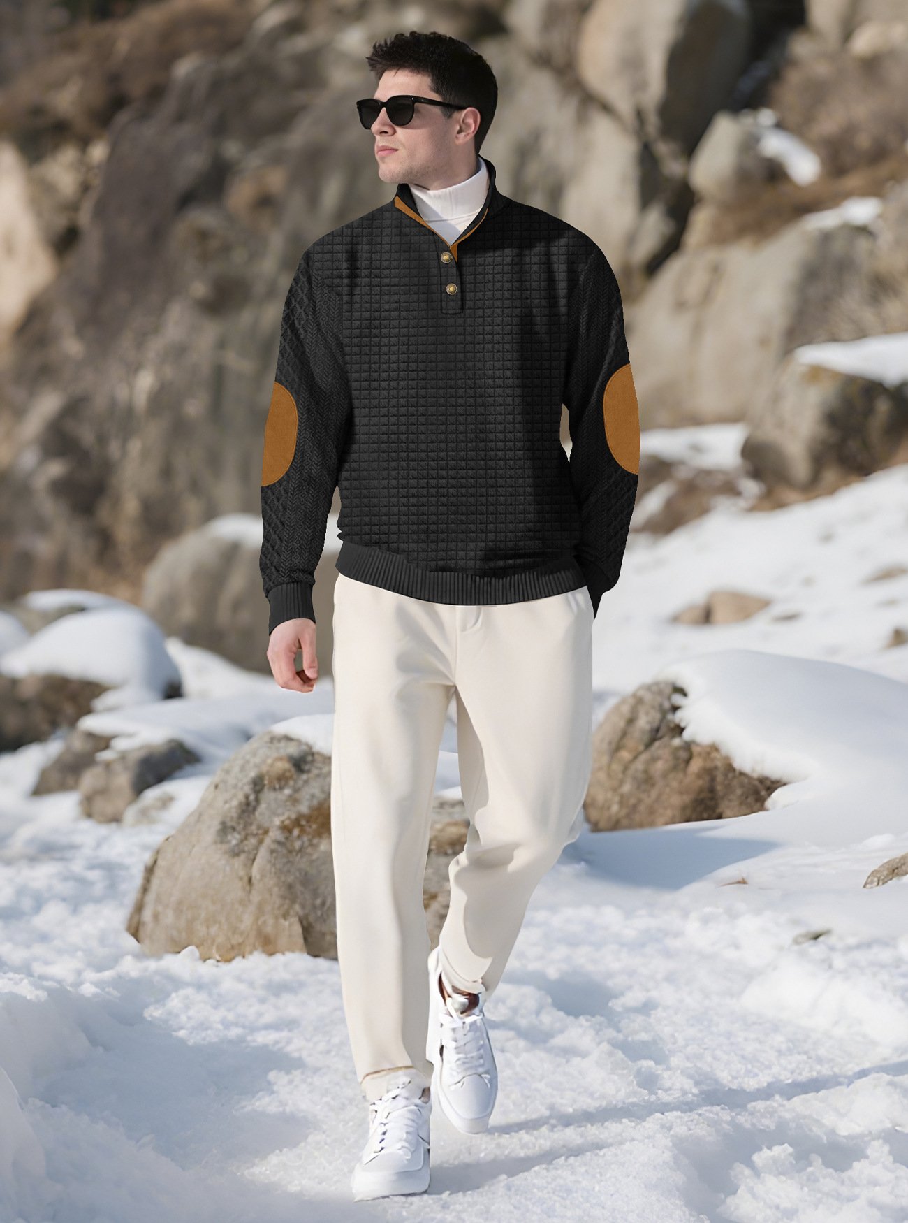 Men's Jacquard Knitted Casual Hoodie With A Stand-up Collar