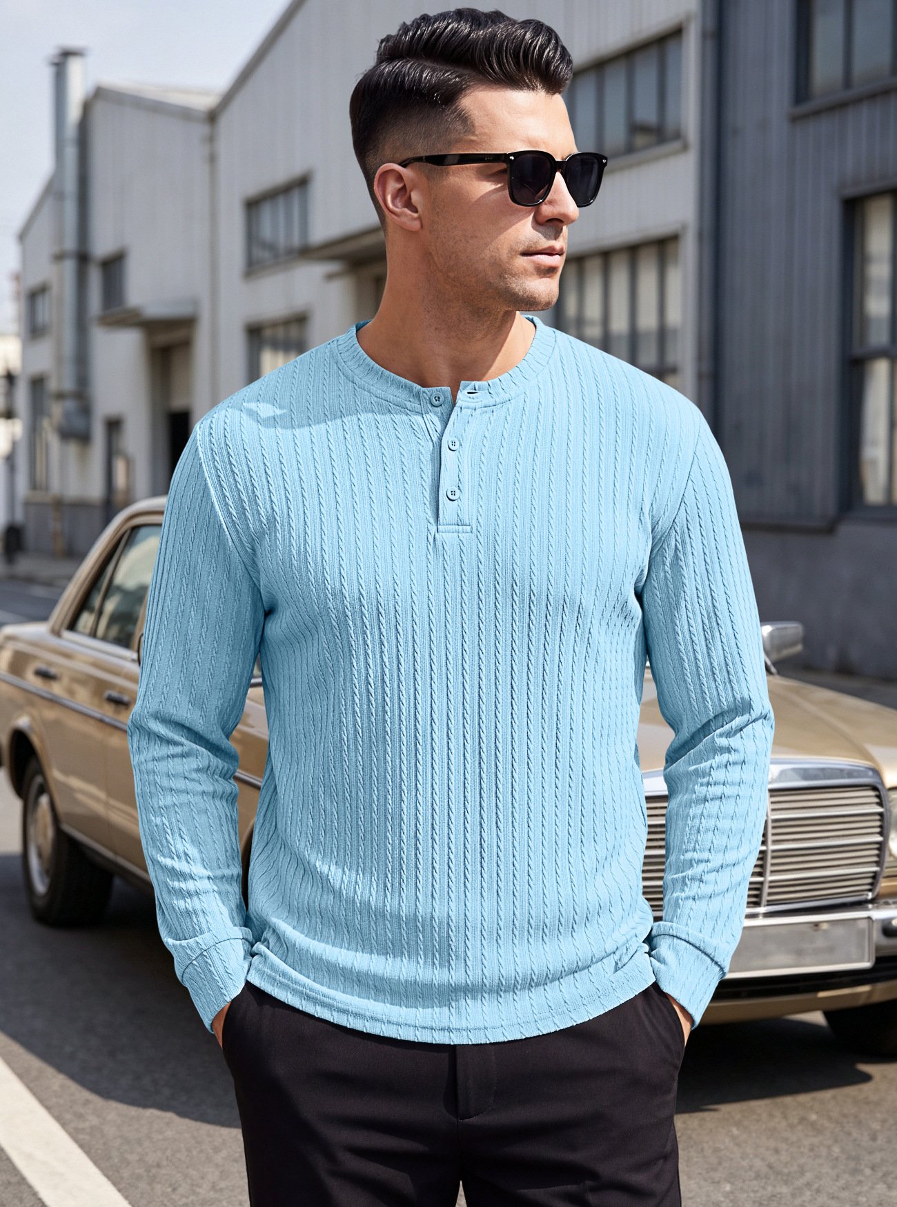 Amazon Cross-border European And American Heavyweight Men's Henry Shirt, Vintage Stretch Textured Casual Loose Plus-size Long-sleeve Sweatshirt