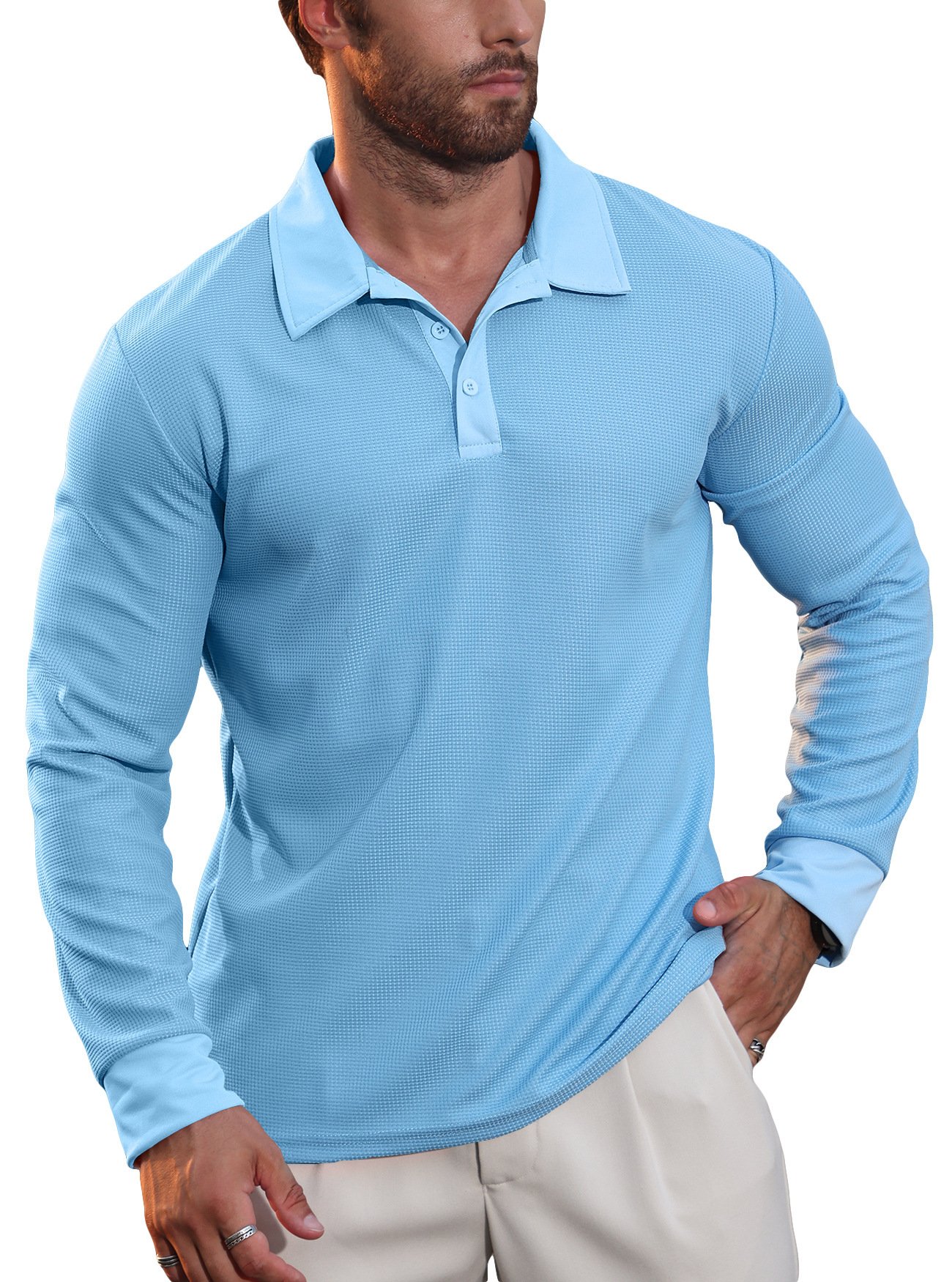 New Cross-Border European And American Autumn New Men's Waffle Collar Polo Shirt American Casual Vacation Long-Sleeved T-Shirt