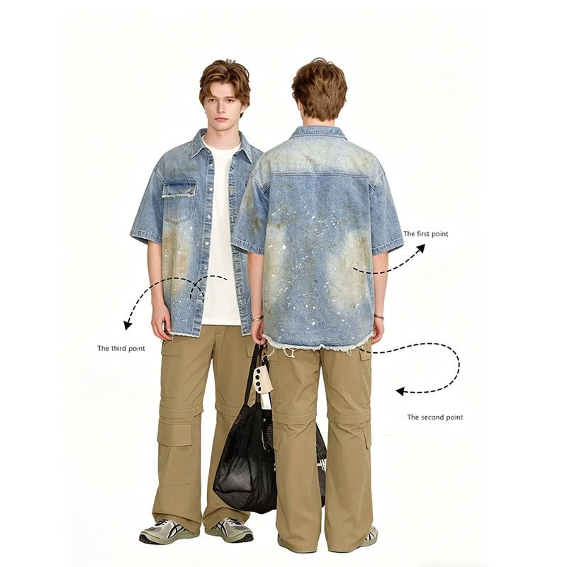 Oversized Denim Shirt Men Vintage Distressed Short Sleeve Streetwear Jean Top Ready To Ship From US