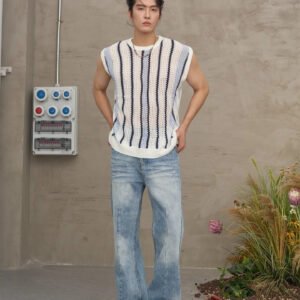 American-style Striped Loose-fitting Hollow-out Vest With A Round Neckline