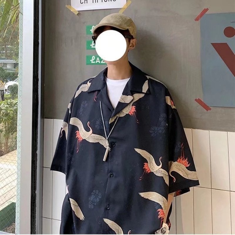 Men's Short-sleeve Shirt Summer Chinese-style Trendy Crane-printed Oversized Beach Shirt For Couples