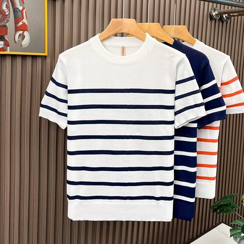 Lightly Mature-Style Crew-Neck Patchwork Striped Short-Sleeve T-Shirt For Men