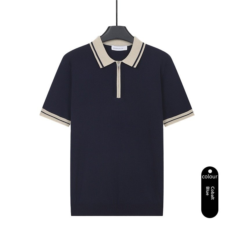 Mens Contrasting-Color Zip-Neck Knitted Short-Sleeve T-Shirt