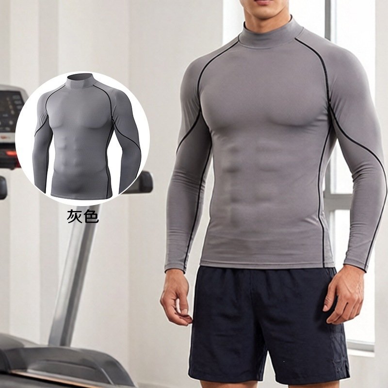 Cross-border Explosions Outdoor Sports Fitness Clothes Men's Running High Collar Long Sleeve Moisture-absorbing Quick-drying Clothes Training Tight Clothes Men