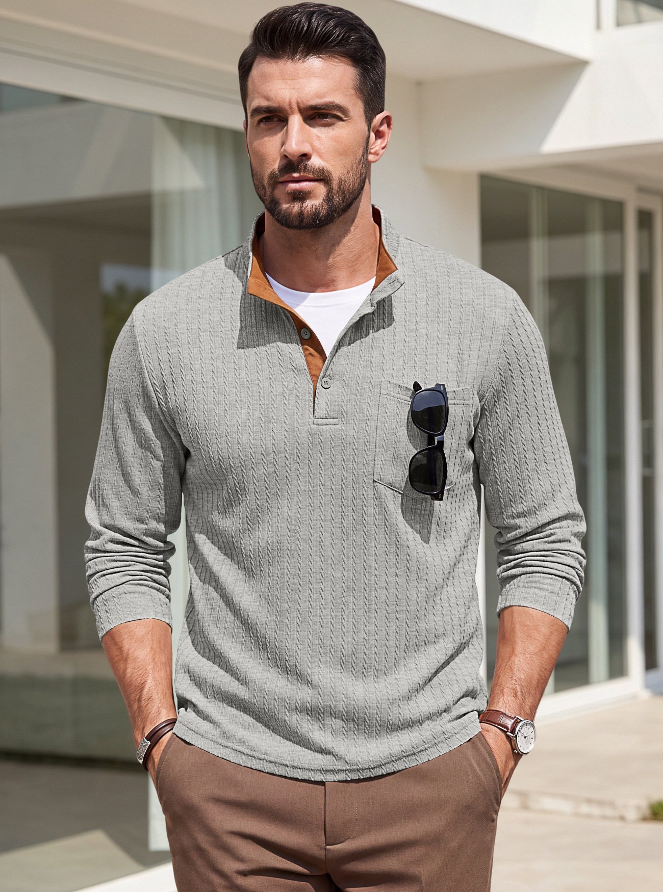 Cross-border Men's Clothing American-style Textured Jacquard Henley Collar Top POLO Shirt Foreign Trade Spring And Autumn Chest Pocket Casual Knitted Sweatshirt