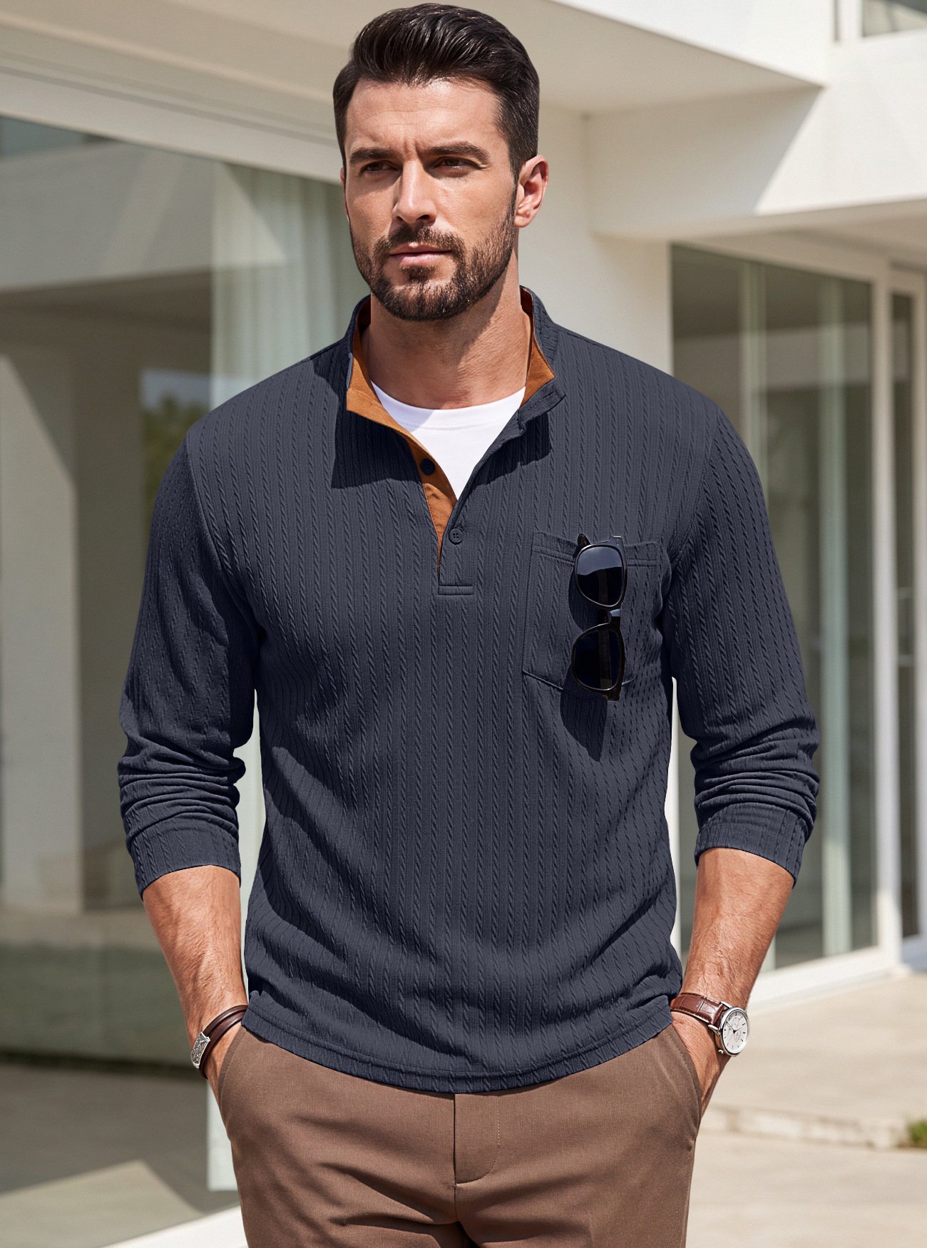 Cross-border Men's Clothing American-style Textured Jacquard Henley Collar Top POLO Shirt Foreign Trade Spring And Autumn Chest Pocket Casual Knitted Sweatshirt
