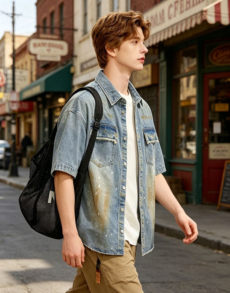 Oversized Denim Shirt Men Vintage Distressed Short Sleeve Streetwear Jean Top Ready To Ship From US