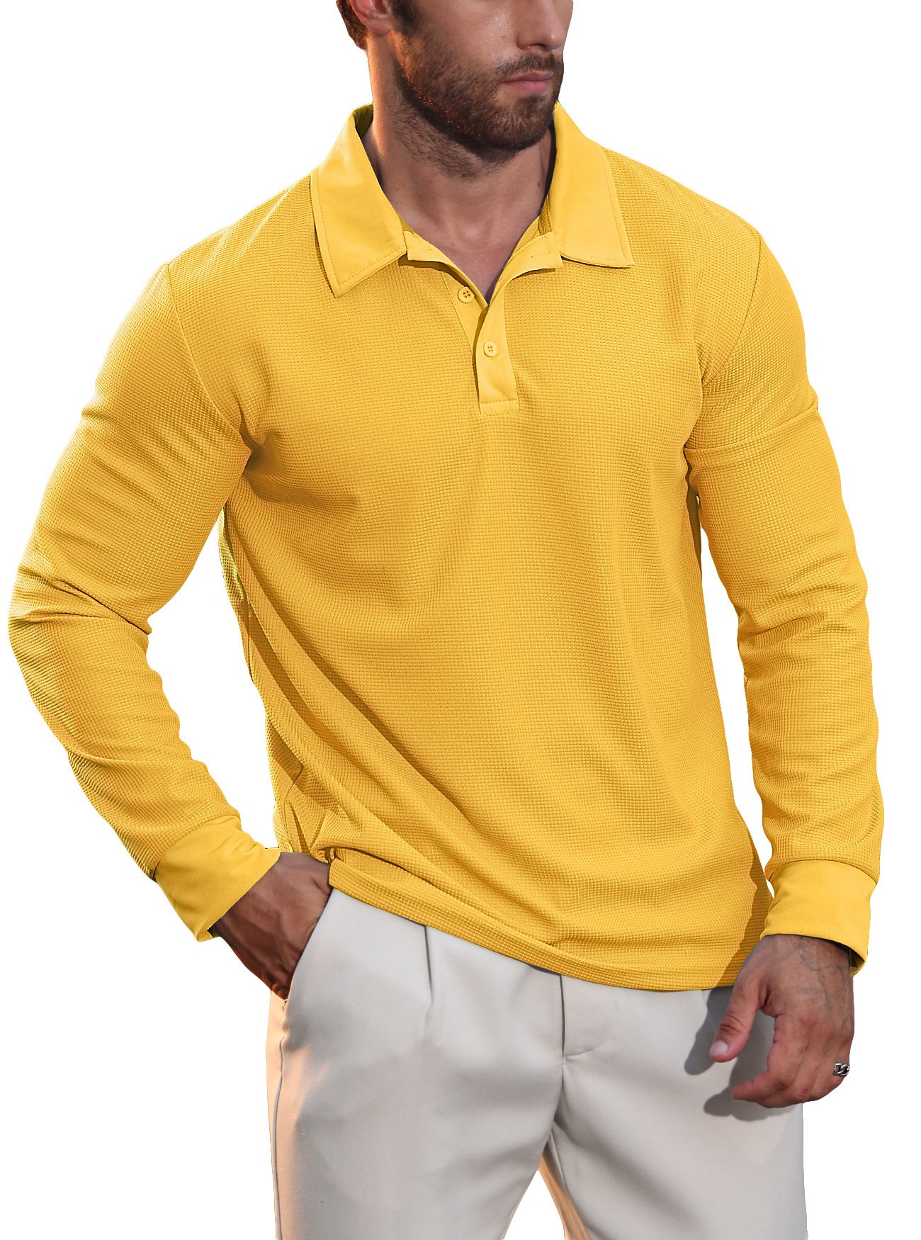 New Cross-Border European And American Autumn New Men's Waffle Collar Polo Shirt American Casual Vacation Long-Sleeved T-Shirt