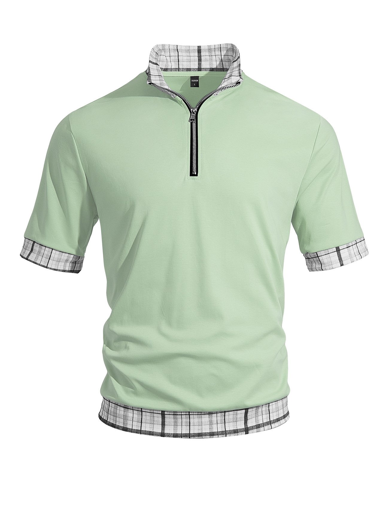 Cross Border EBay Men's Cotton Fake Two Piece T Shirts, Half Zip Lapel Short Sleeve Spliced Breathable Plus Size Casual Polo Shirts