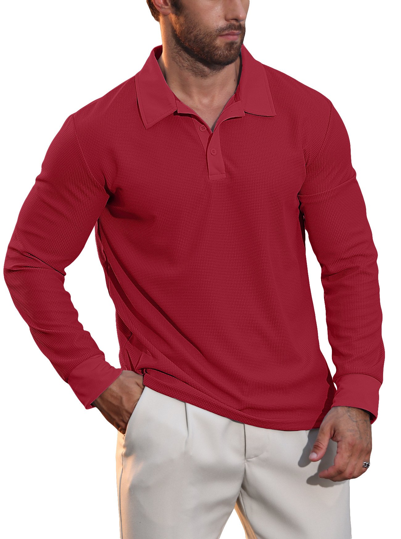 New Cross-Border European And American Autumn New Men's Waffle Collar Polo Shirt American Casual Vacation Long-Sleeved T-Shirt