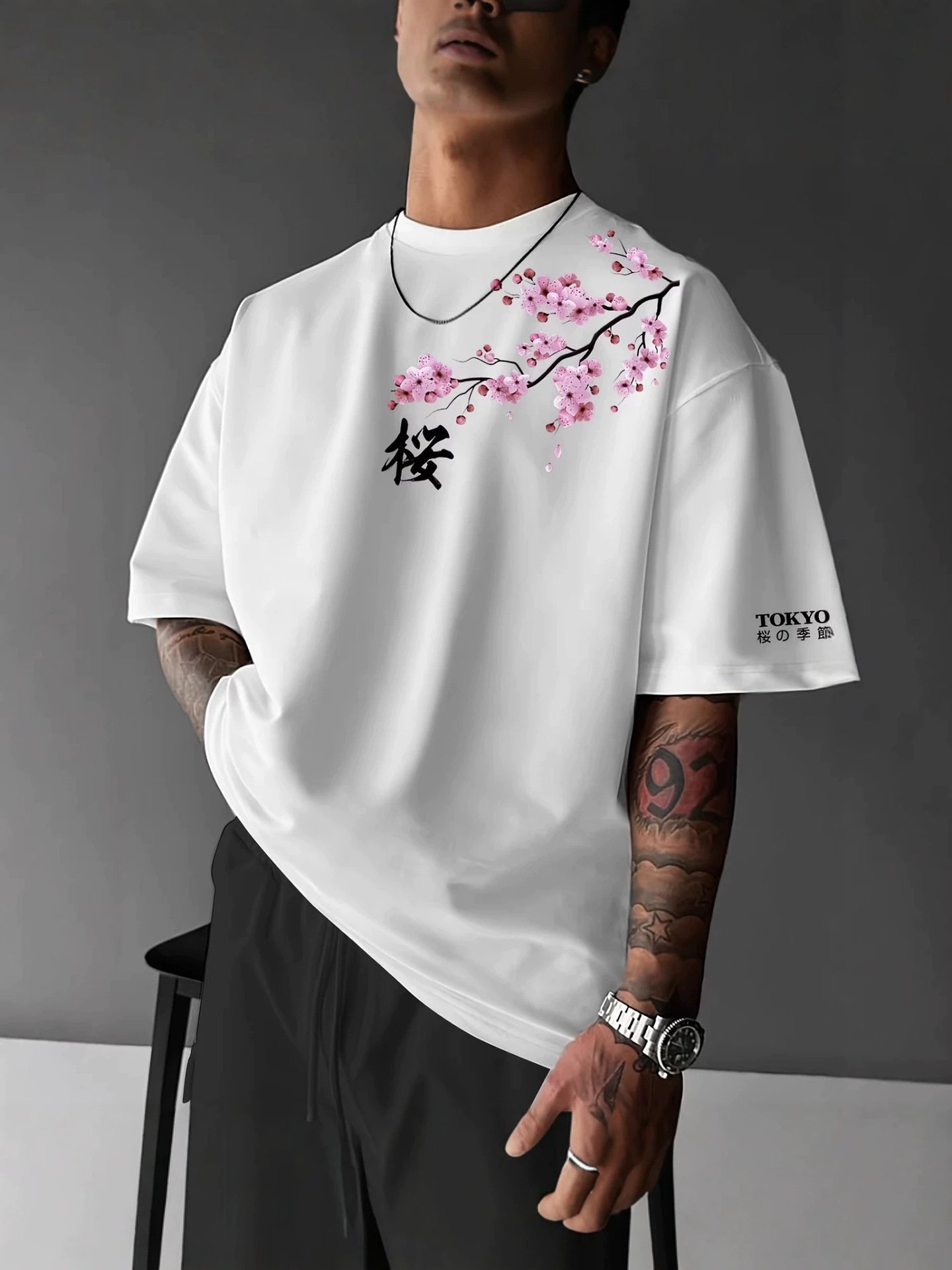 Japanese-style Tokyo Cherry-blossom-print Short-sleeve T-shirt