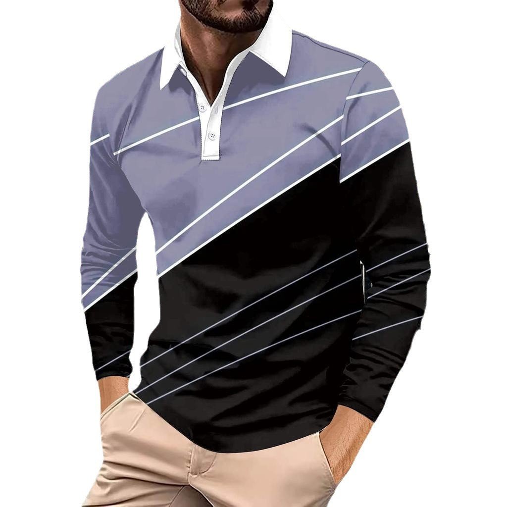 Men's Color-Block Long-Sleeved Button-Up Top