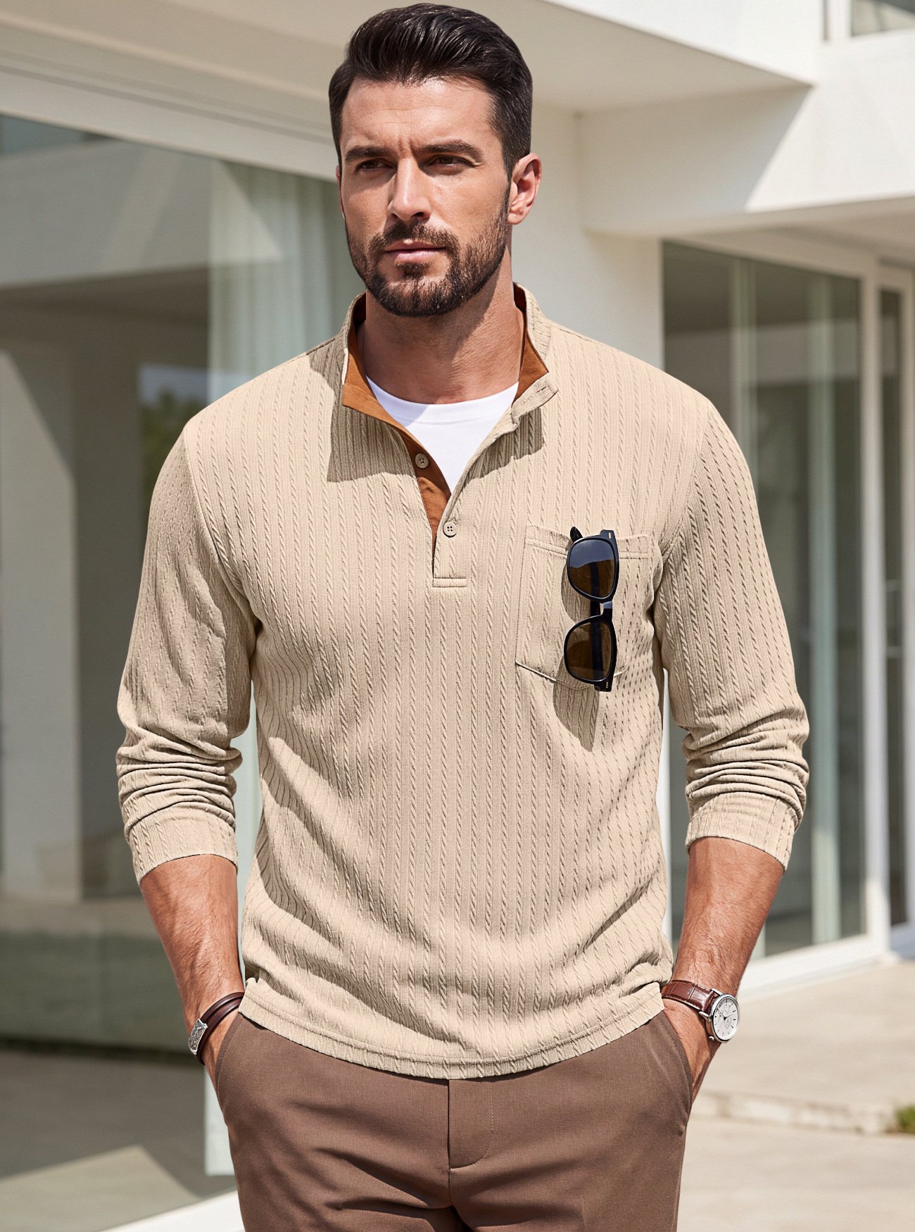 Cross-border Men's Clothing American-style Textured Jacquard Henley Collar Top POLO Shirt Foreign Trade Spring And Autumn Chest Pocket Casual Knitted Sweatshirt