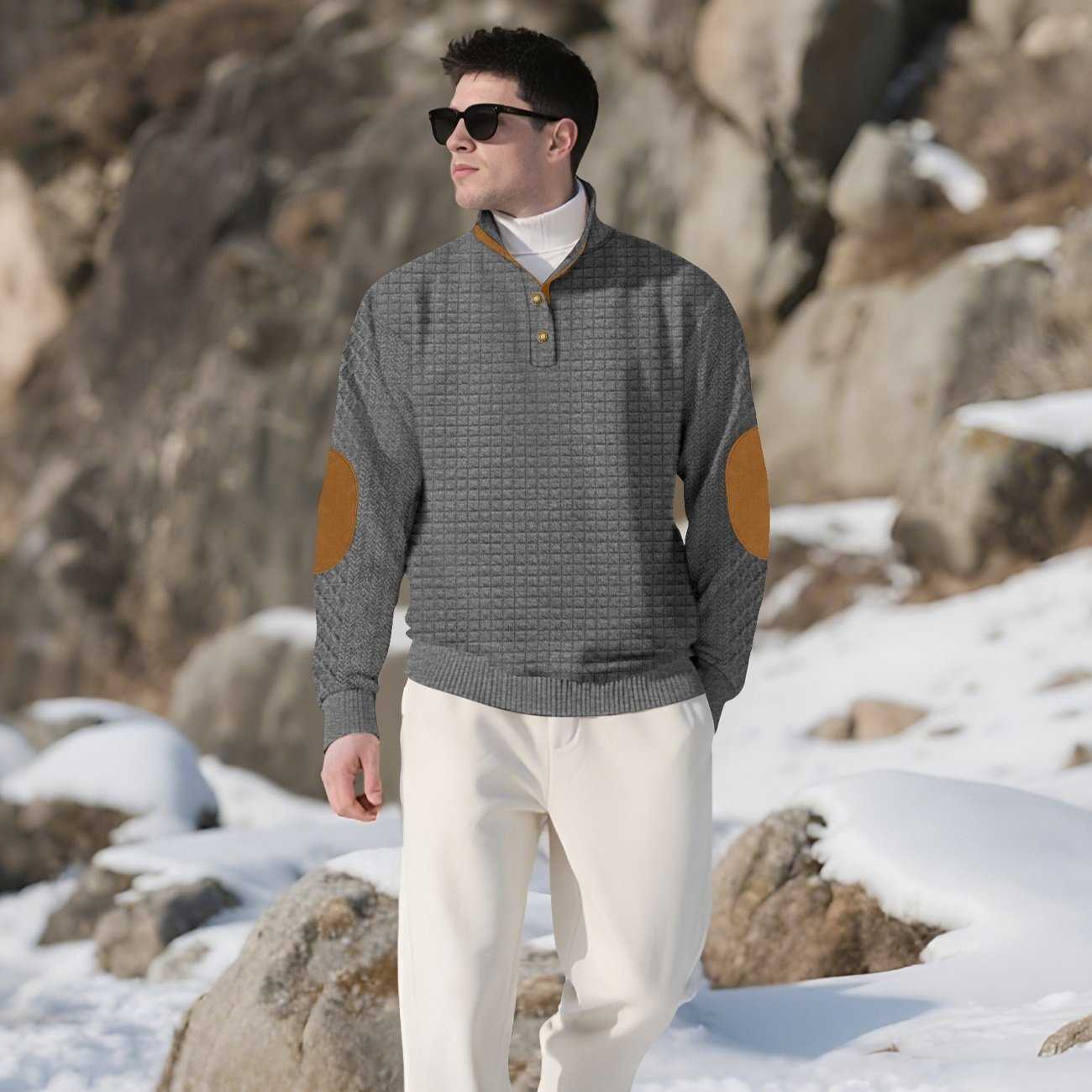 Men's Jacquard Knitted Casual Hoodie With A Stand-up Collar