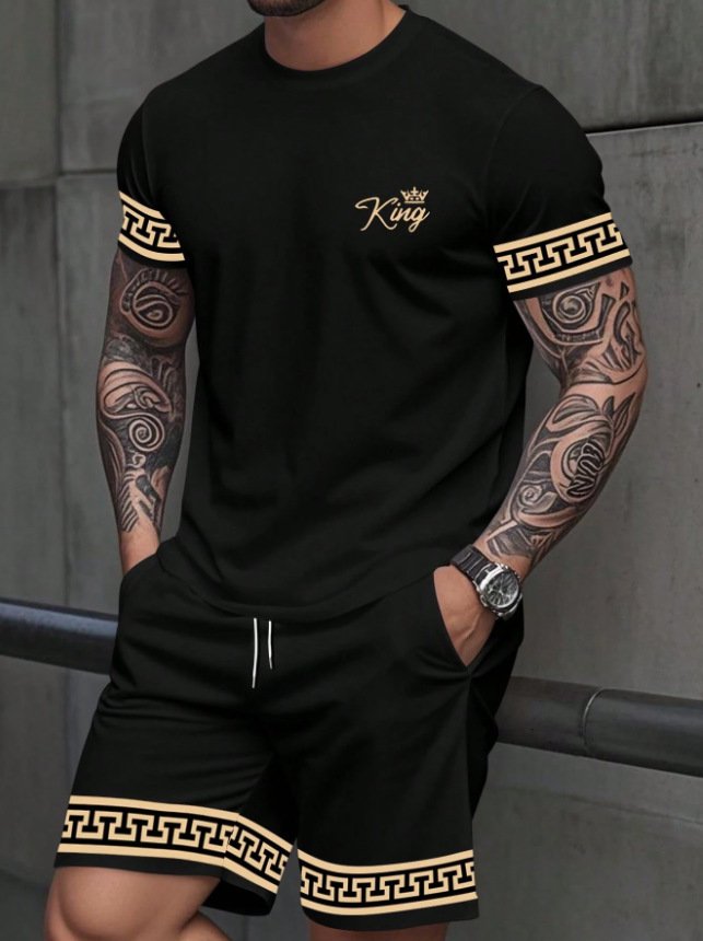 Simple Casual Two-piece Set Featuring A Solid-color Printed T-shirt And Shorts