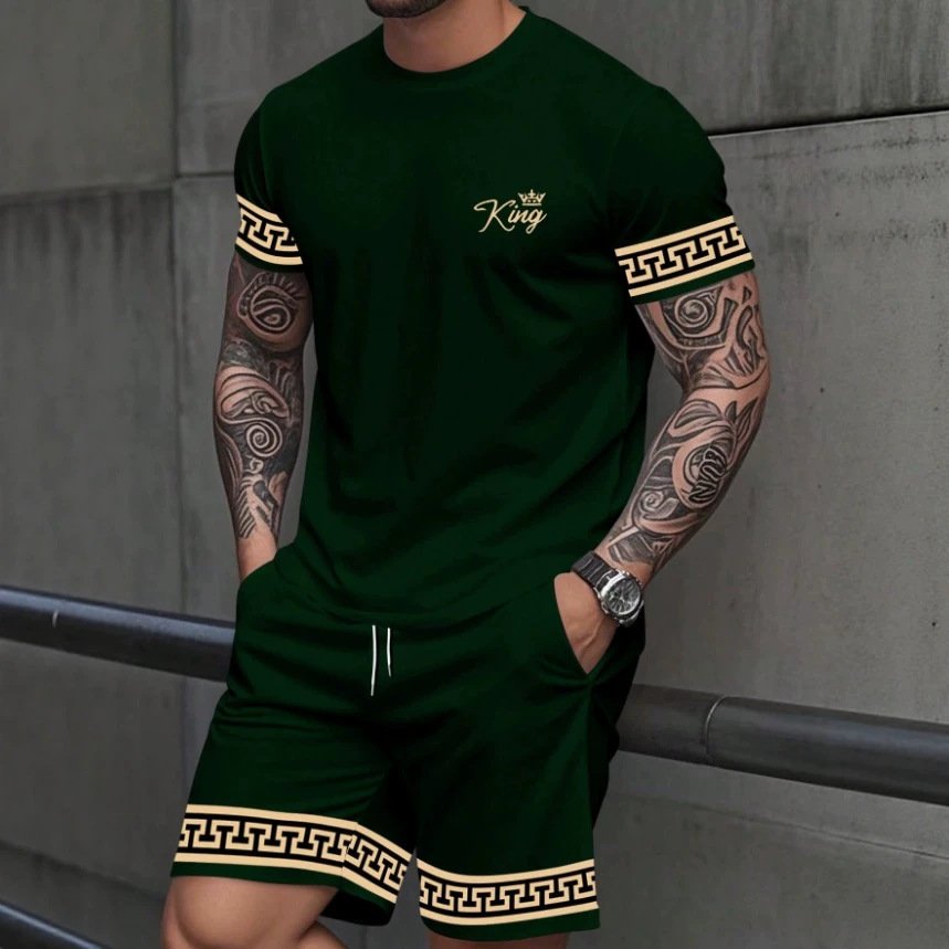 Simple Casual Two-piece Set Featuring A Solid-color Printed T-shirt And Shorts