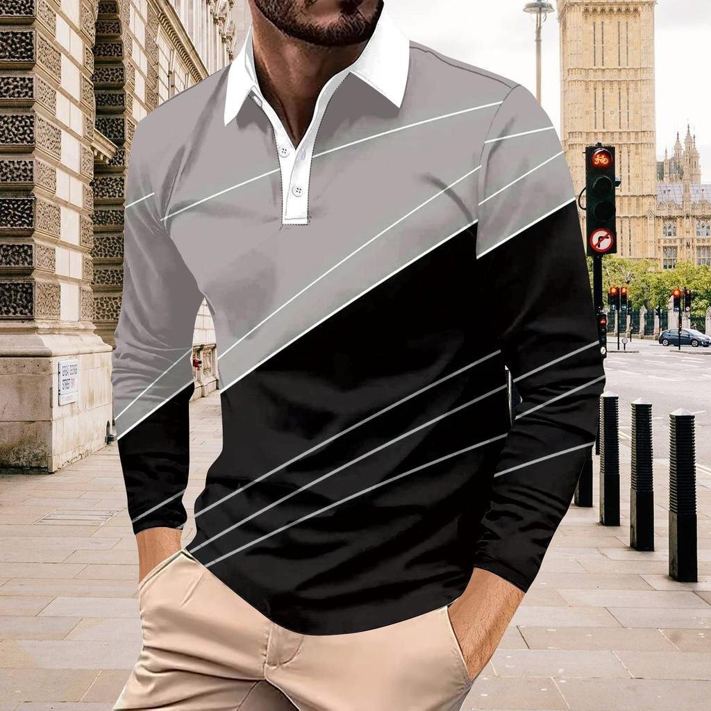 Men's Color-Block Long-Sleeved Button-Up Top