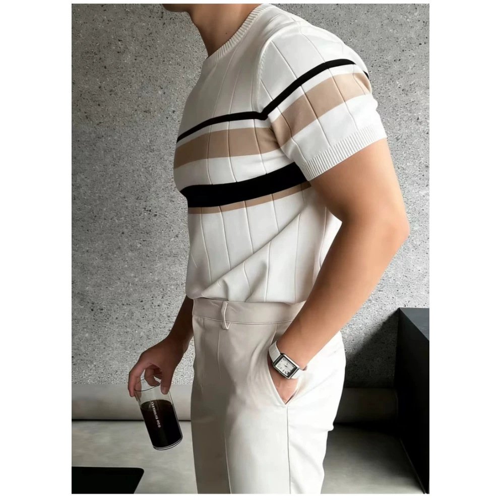 Color-Block Striped Mens Knitted Short-Sleeve Casual Top