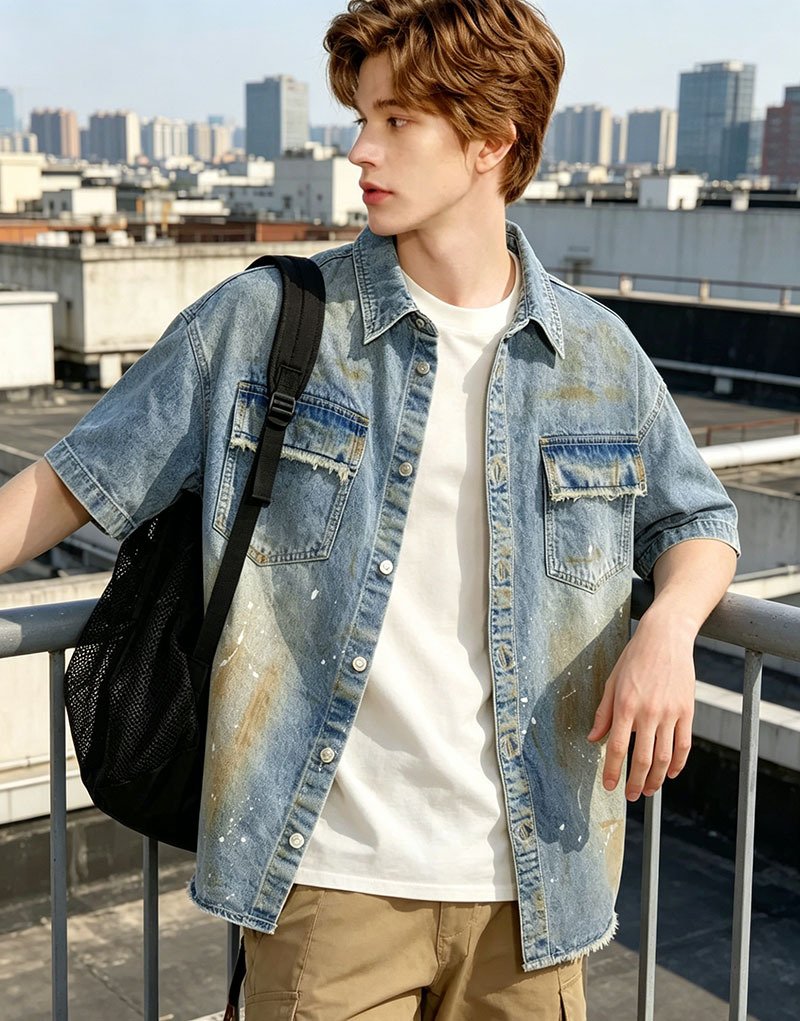 Oversized Denim Shirt Men Vintage Distressed Short Sleeve Streetwear Jean Top Ready To Ship From US