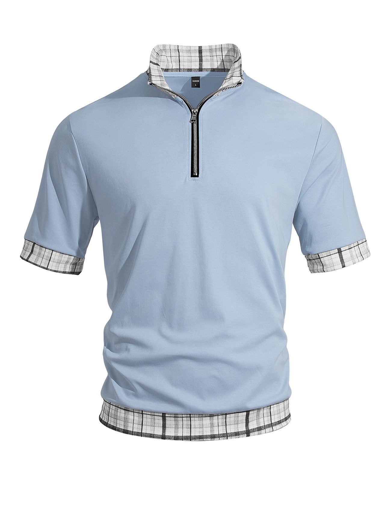 Cross Border EBay Men's Cotton Fake Two Piece T Shirts, Half Zip Lapel Short Sleeve Spliced Breathable Plus Size Casual Polo Shirts