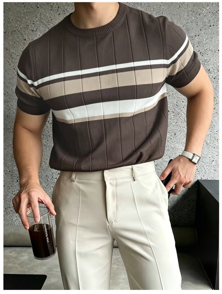 Color-Block Striped Mens Knitted Short-Sleeve Casual Top