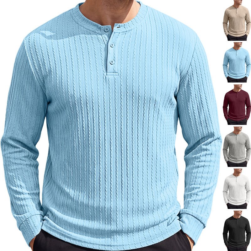 Amazon Cross-border European And American Heavyweight Men's Henry Shirt, Vintage Stretch Textured Casual Loose Plus-size Long-sleeve Sweatshirt