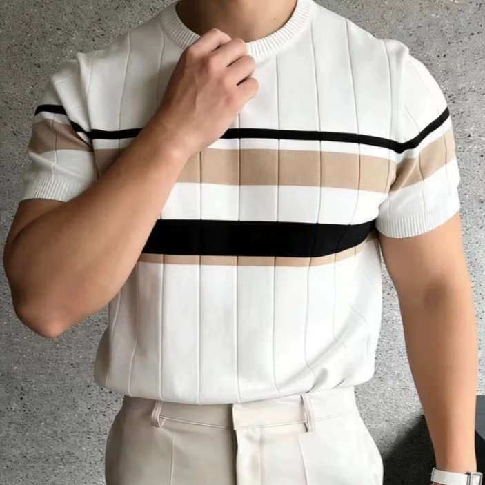 Color-Block Striped Mens Knitted Short-Sleeve Casual Top