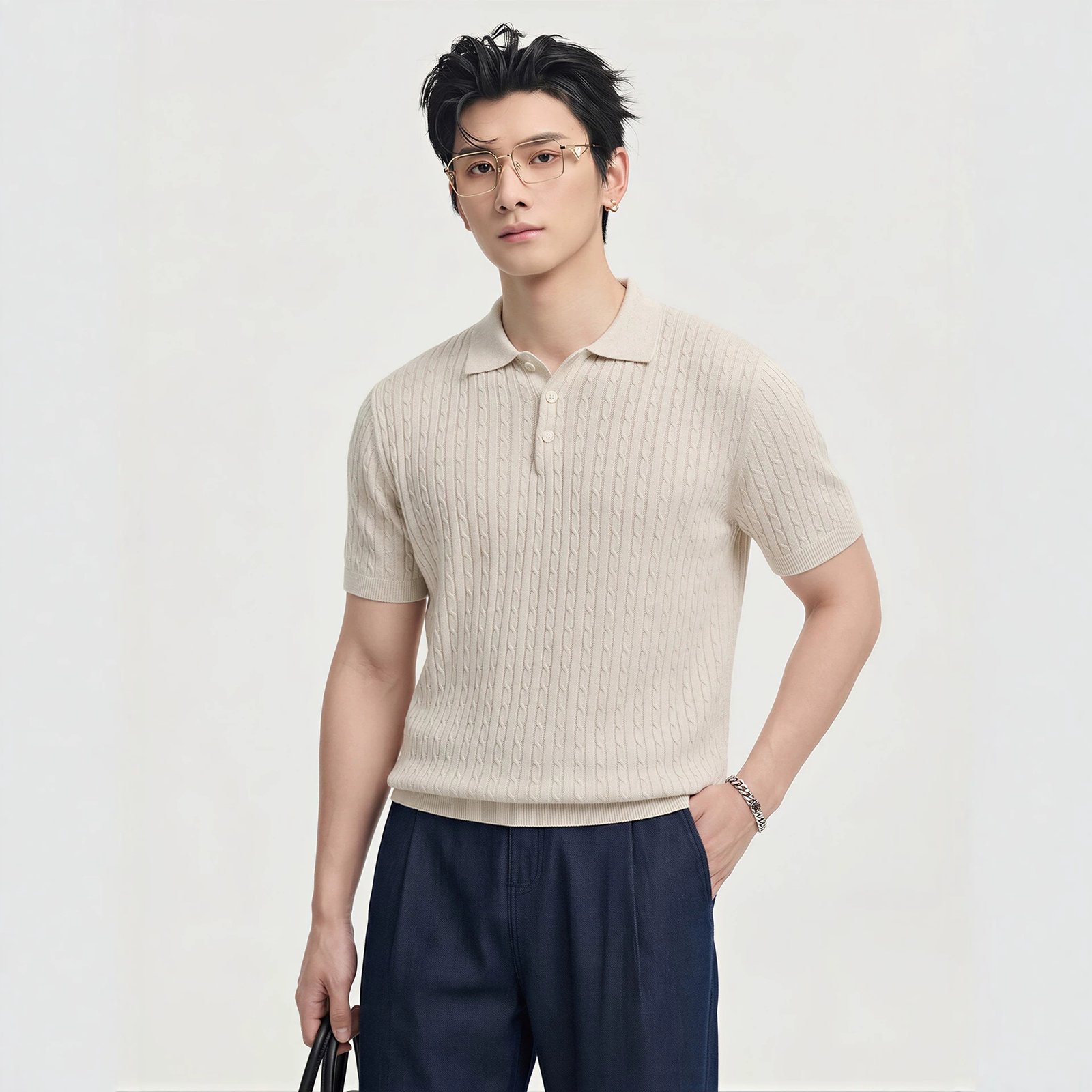 Knitted Cable-Pattern Mens Short-Sleeve T-Shirt