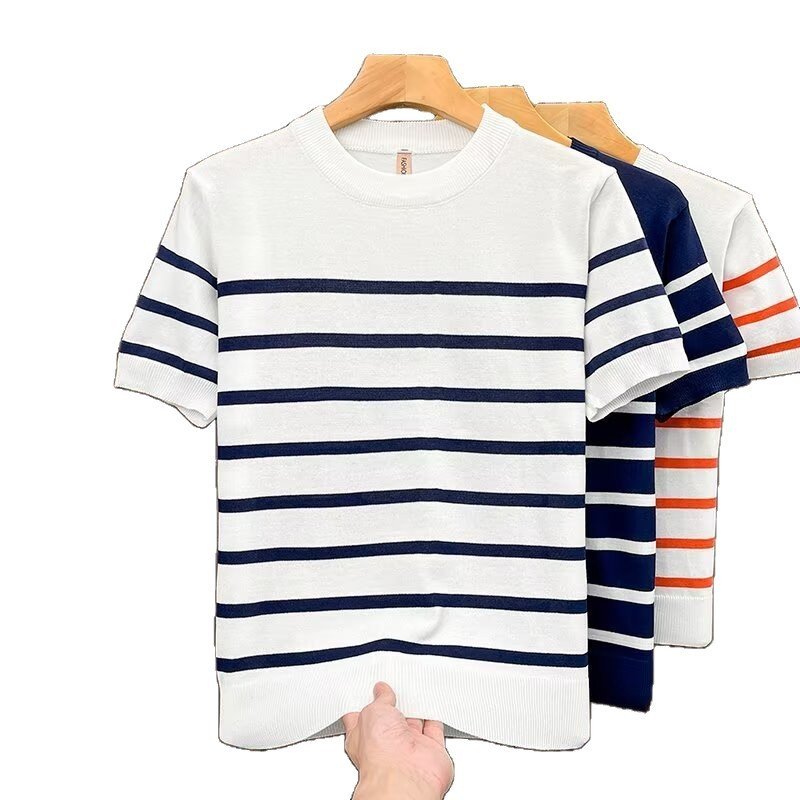 Lightly Mature-Style Crew-Neck Patchwork Striped Short-Sleeve T-Shirt For Men