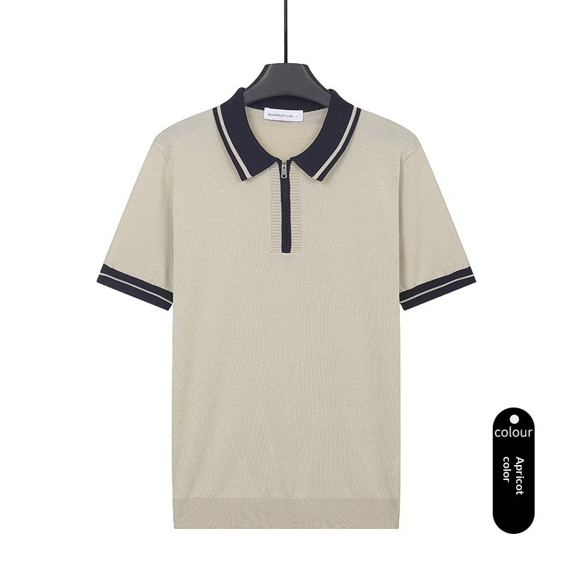 Mens Contrasting-Color Zip-Neck Knitted Short-Sleeve T-Shirt