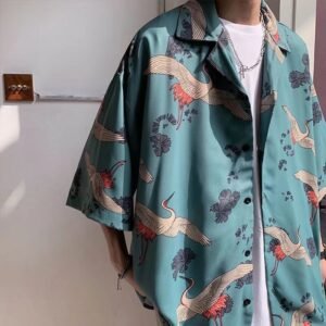Men's Short-sleeve Shirt Summer Chinese-style Trendy Crane-printed Oversized Beach Shirt For Couples