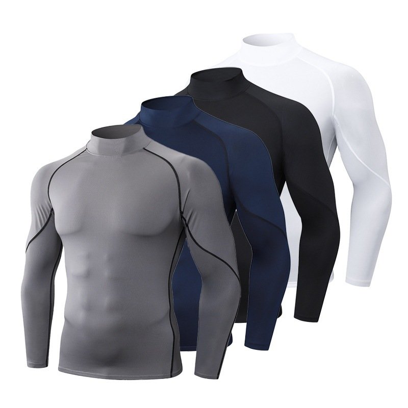 Cross-border Explosions Outdoor Sports Fitness Clothes Men's Running High Collar Long Sleeve Moisture-absorbing Quick-drying Clothes Training Tight Clothes Men