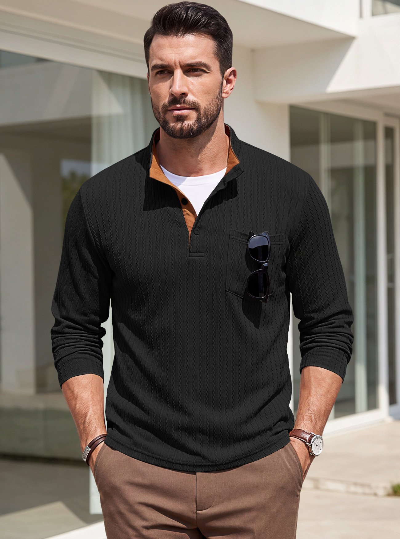 Cross-border Men's Clothing American-style Textured Jacquard Henley Collar Top POLO Shirt Foreign Trade Spring And Autumn Chest Pocket Casual Knitted Sweatshirt