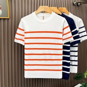 Lightly Mature-Style Crew-Neck Patchwork Striped Short-Sleeve T-Shirt For Men