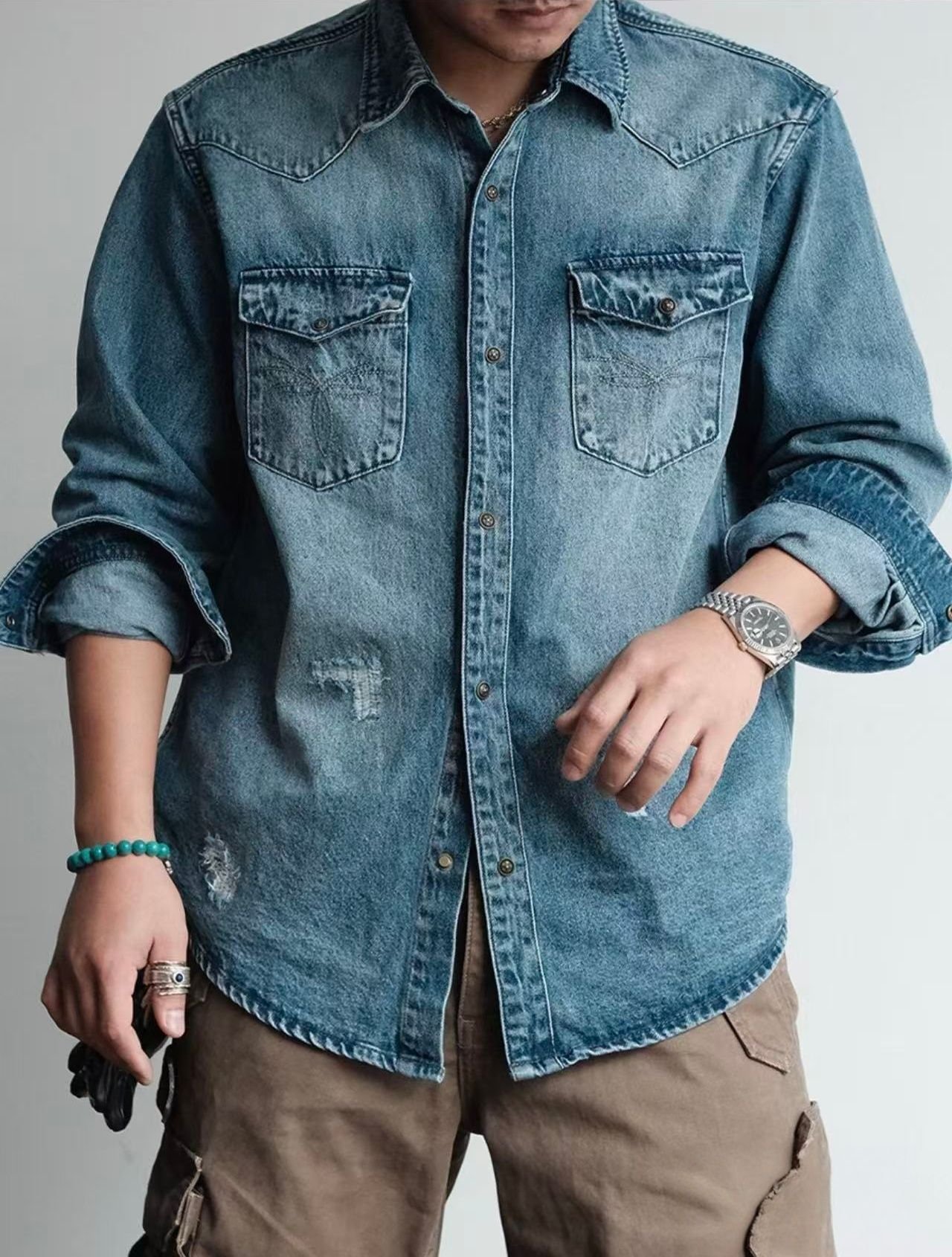 Vintage Western Denim Shirt Men Distressed Long Sleeve Washed Jean Shirt US Warehouse Stock