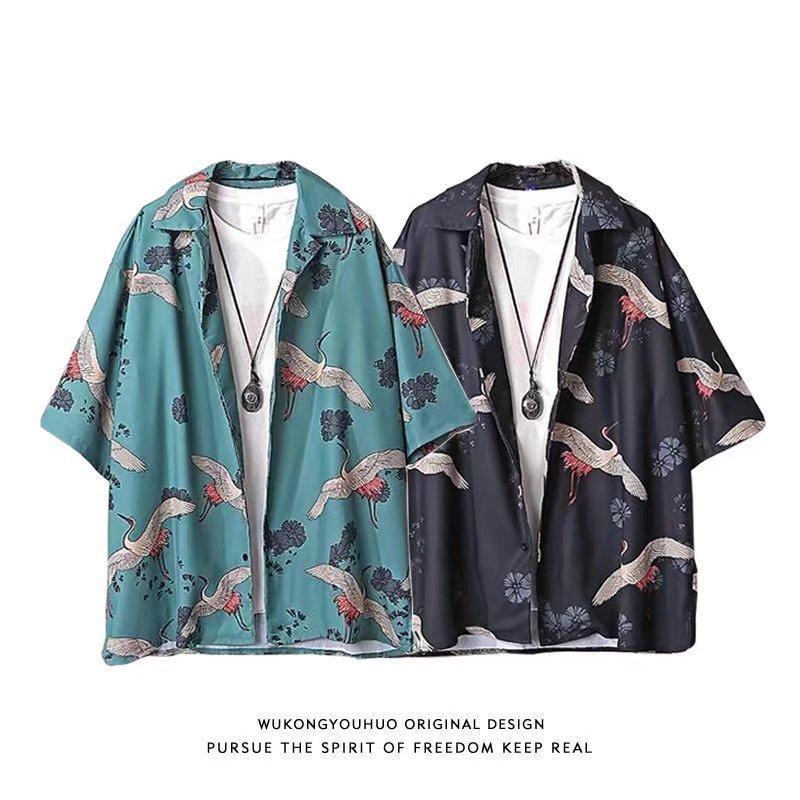 Men's Short-sleeve Shirt Summer Chinese-style Trendy Crane-printed Oversized Beach Shirt For Couples