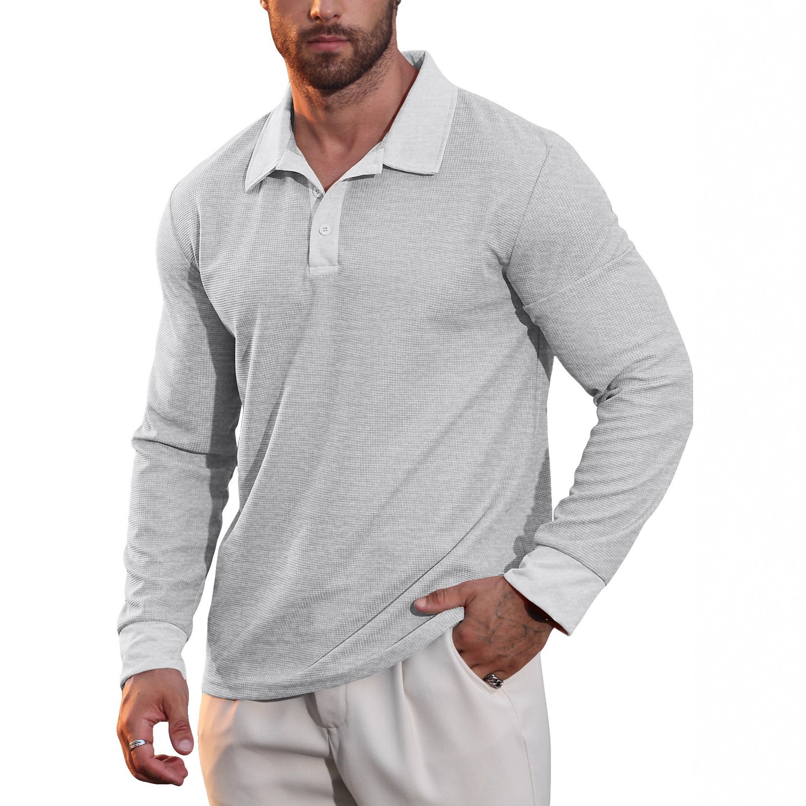 New Cross-Border European And American Autumn New Men's Waffle Collar Polo Shirt American Casual Vacation Long-Sleeved T-Shirt
