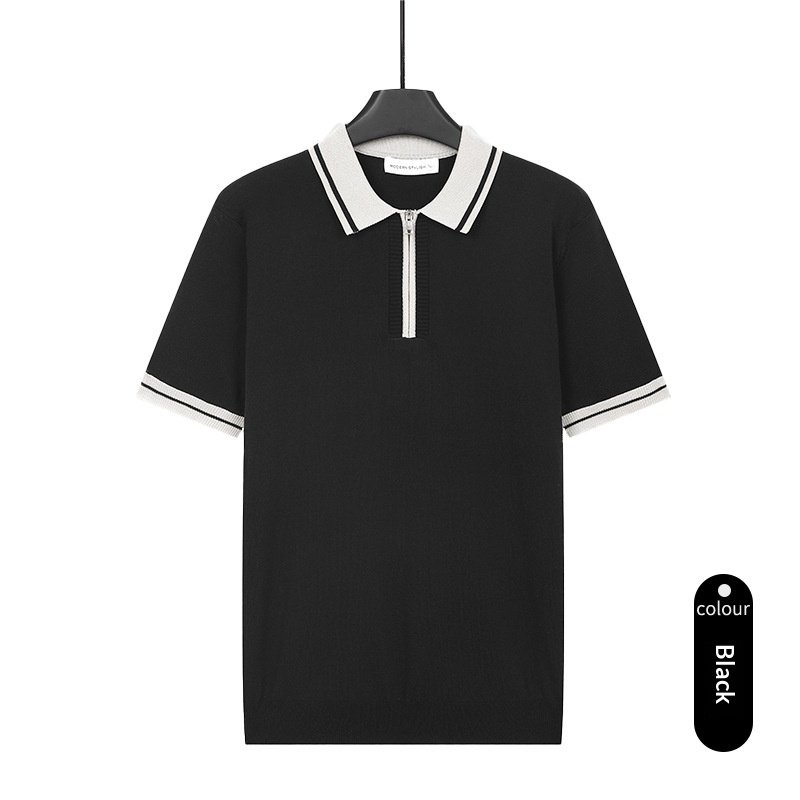 Mens Contrasting-Color Zip-Neck Knitted Short-Sleeve T-Shirt