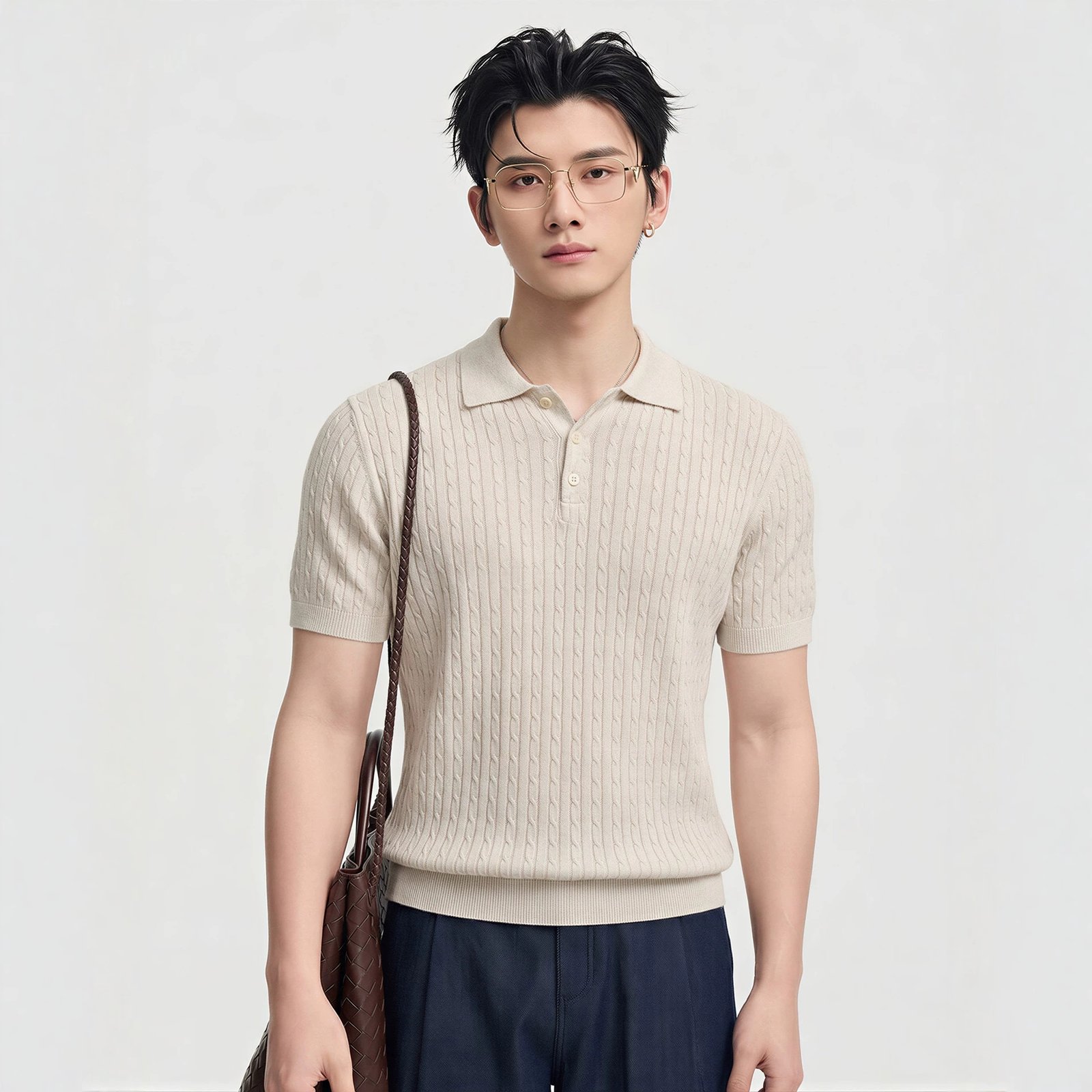 Knitted Cable-Pattern Mens Short-Sleeve T-Shirt