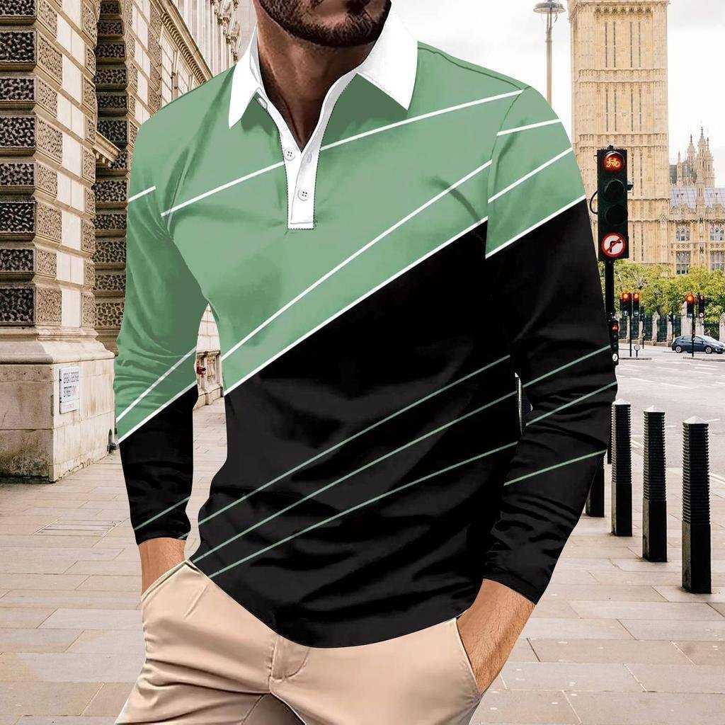 Men's Color-Block Long-Sleeved Button-Up Top