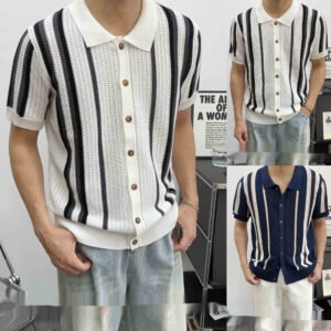 Men's Lapel-Neck Hollow-out Striped Preppy-style T-shirt